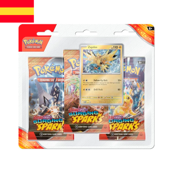 Blister 3 sobres Surging Sparks con Carta Promocional Zapdos | Español | POKÉMON